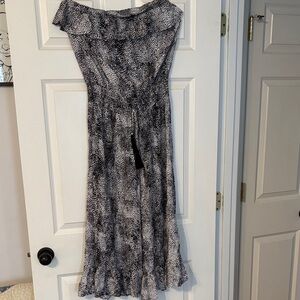 black island Black and White Printed Strapless jumpsuit outfit.